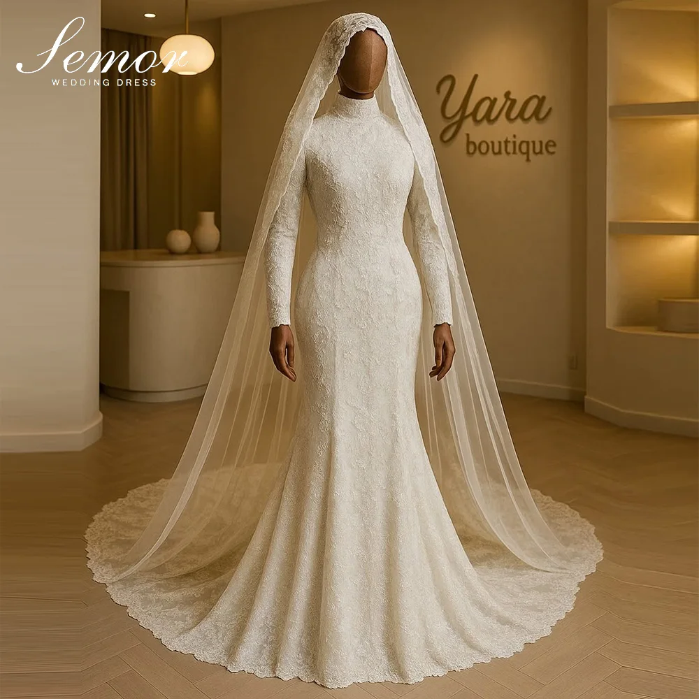 Semor Elegantes Muslimisches Spitzen-Applikationen Brautkleid mit Schleppe 2026 Langärmliges Charmantes Trompeten-Brautkleid nach Maß