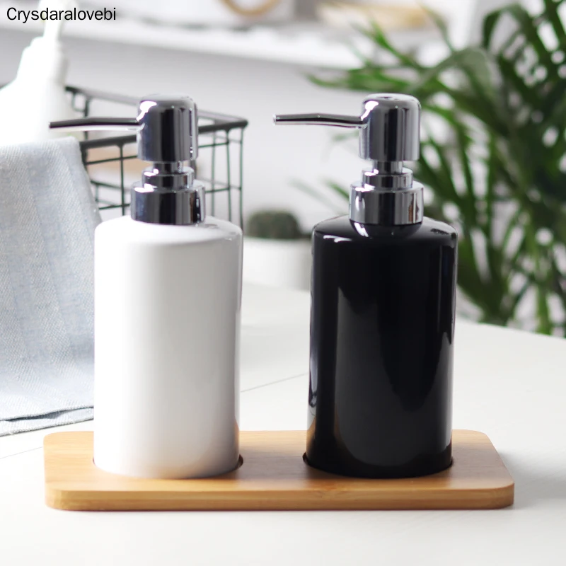 Simple Ceramic Soap Dispenser Bathroom Accessories Set 3pcs Kit Wood Tray Toothbrush Holder Mouth Cups Black White Bathroom Set