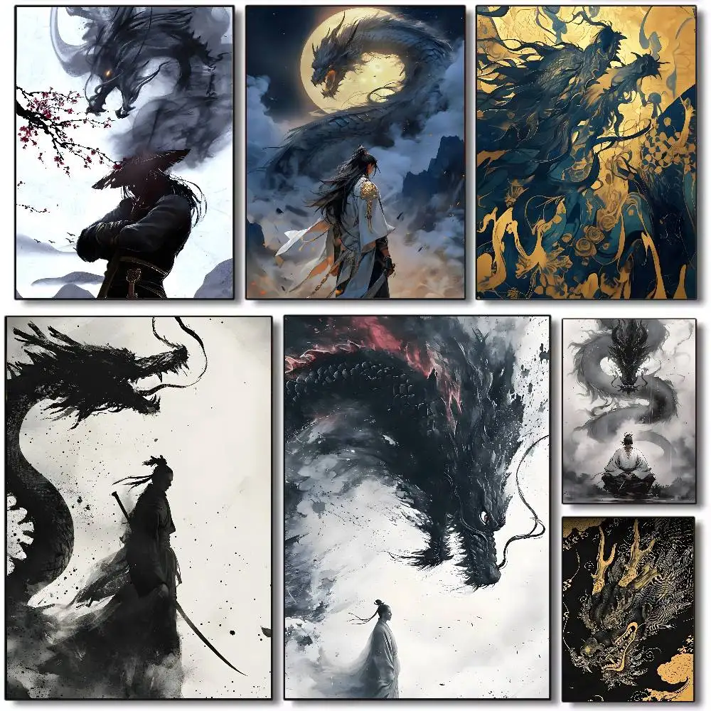 Drachen-Schattenwellen-Kunstposter, Kunstdruck auf Leinwand, HD-ästhetischer Druck, Papier-Wandkunst für Wohnzimmer, Bar, modische Heimdekoration