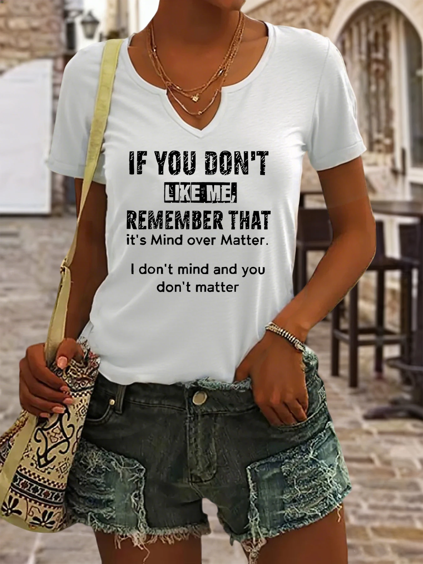 Damen Sommer-T-Shirt mit V-Ausschnitt und kurzen Ärmeln, frecher Aufdruck mit dem Zitat „If You Don't Like Me“, Lässiges Mode-Oberteil mit Haltungsaussage – Detail 7