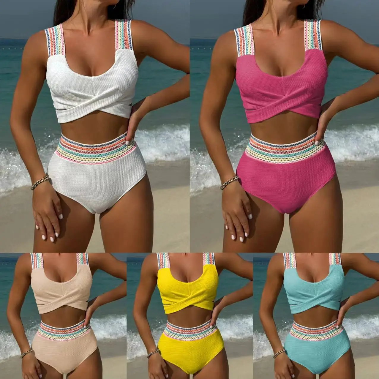 

Новый купальник-бикини с разрезом и высокой талией серии Rainbow Ribbon