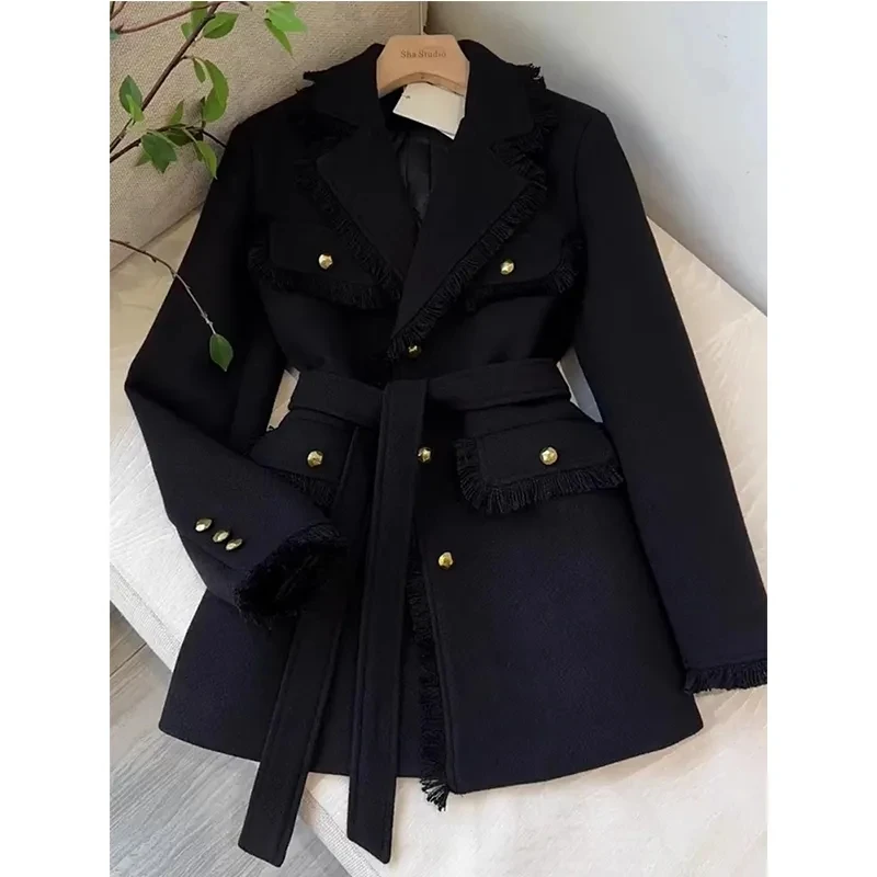 2026 New Women's Black Woolen Coat Winter French Elegant Tweed Blazer Trench Coat High Class Sense Casual Long Outerwear