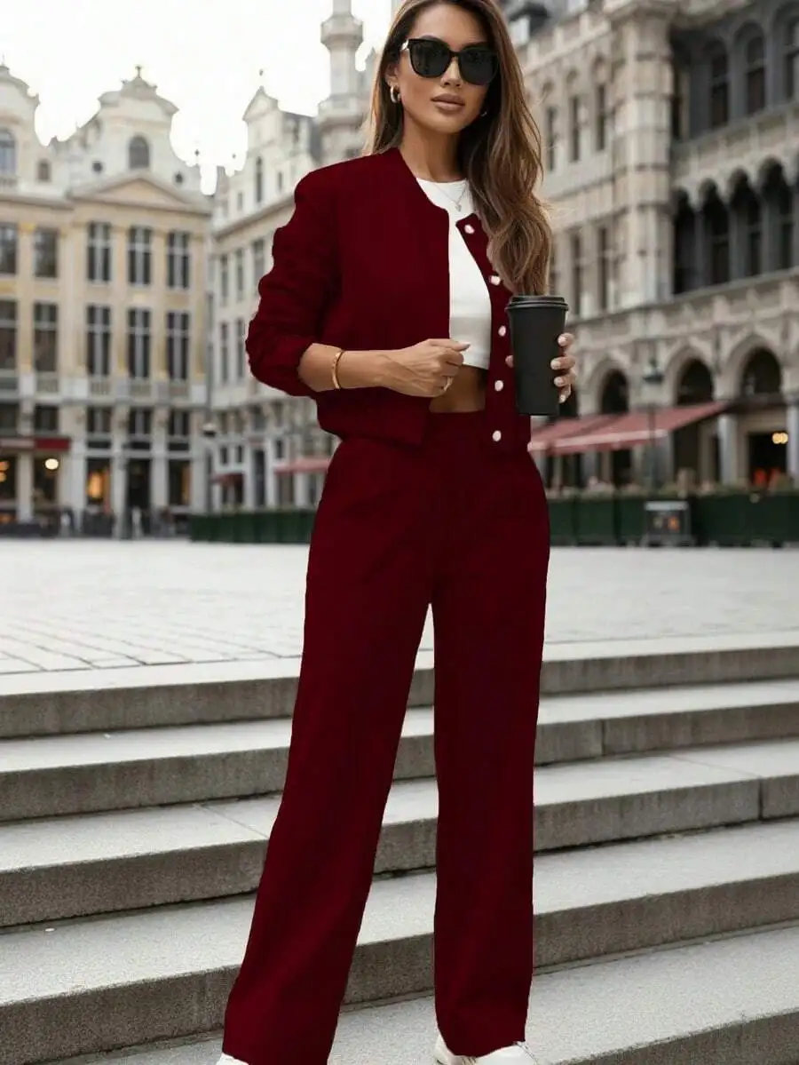 

Womens Elegant Solid Color Collared Button-Up Jacket And Wide Leg Pants 2-Piece Set