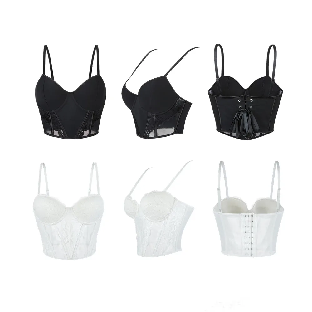 

Женский черный или белый элегантный корсет на тонких бретельках, кружевной сетчатый корсет, укороченные топы для горячих девушек, утягивающий формирователь, сексуальный бюстье, жилет