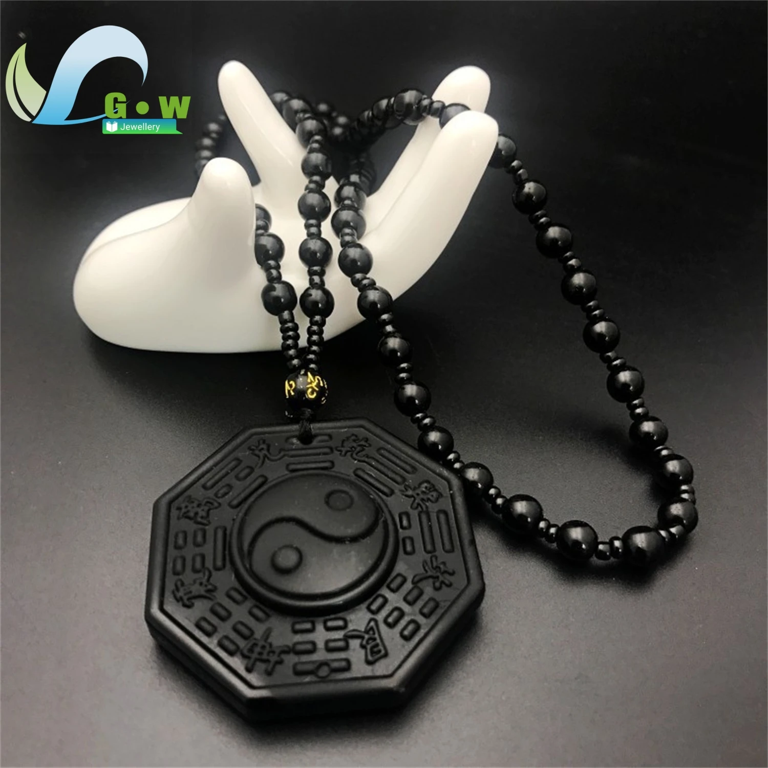 Natural Obsidian Yin Yang Symbol Long Chain Pendant Necklace Unisex Protective Spiritual Jewelry Gift for Men Women Fashion