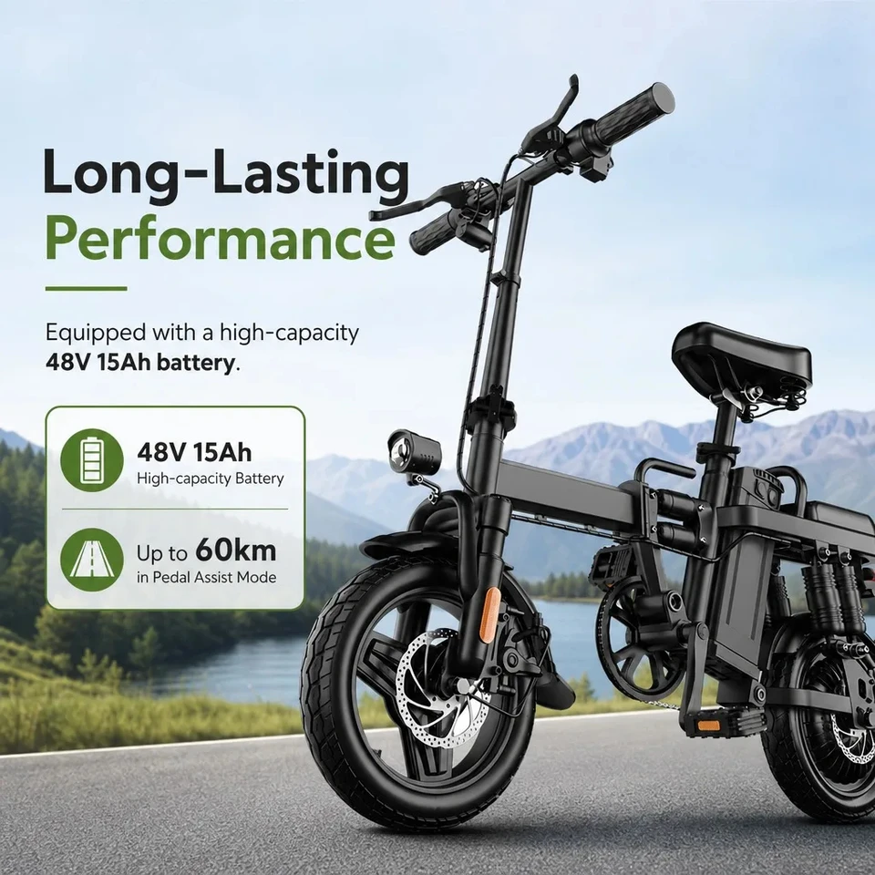 Folding Electric Bike 48V 500W Motor 15Ah Battery 43km/h Max Speed 60km Range 14-inch Foldable Electric Bicycle Dual Disc Brakes City Commuter E-bike image 3