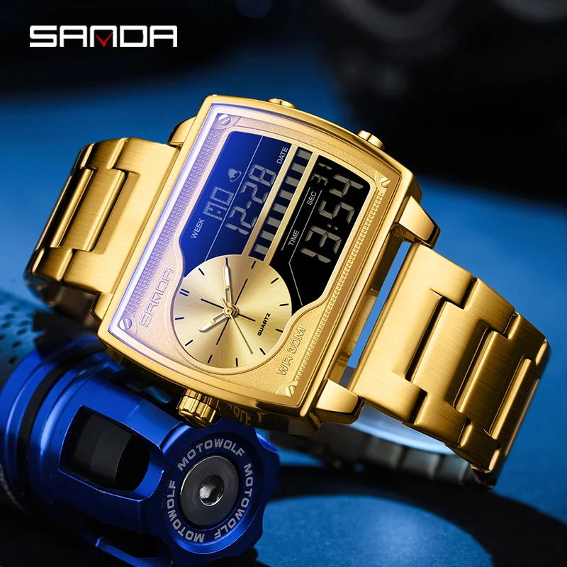 SANDA 6163 Trend Herren-Quarzuhr, Kalender, modisch, quadratisch, Countdown, Sport, wasserdicht, Dual-Display, digitale Uhren für Männer