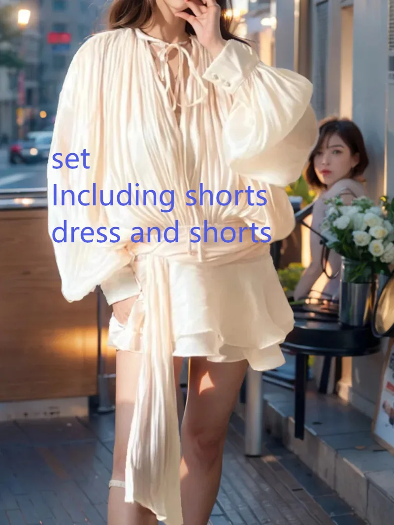 Beige Top Solid Blouse Mini Dresses For Women V Neck Long Sleeve Spliced Lace Up Sweet Style Dress Female Clothing Fashion  P7WI image 3
