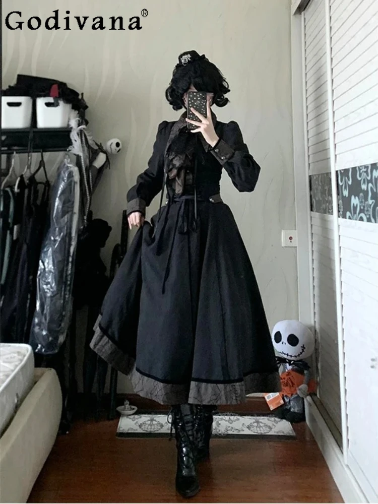 

Dark Gothic Court Black Elegant Lace Long Sleeve Shirt Lolita Temperament Girl High Waist Age Reduction Versatile Skirt Sets