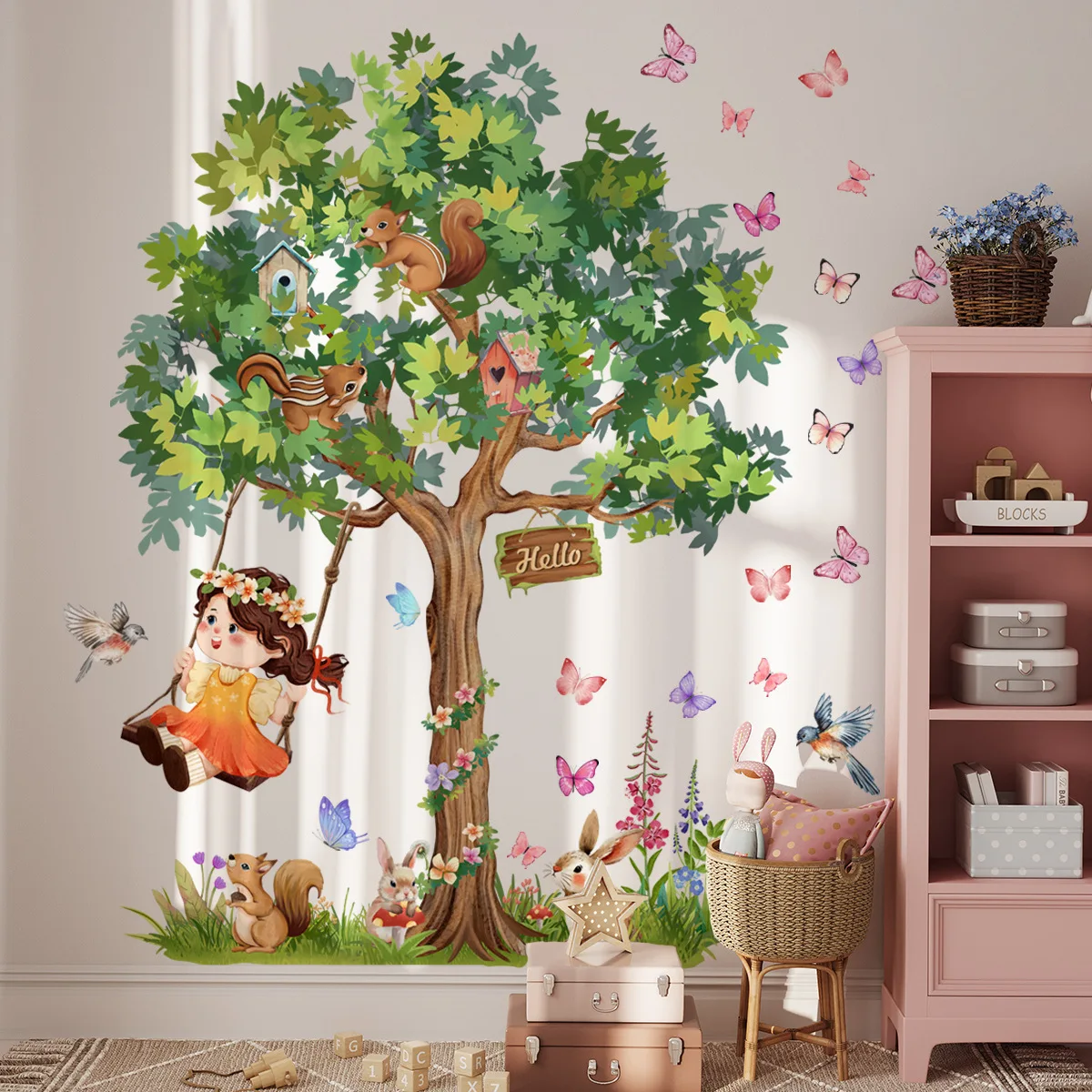 Baby Girl Swinging Swinging Under The Tree Wall Sticker Butterfly Animal Squirrel Rabbit Decals for Kids Room Nursery Wall Decor