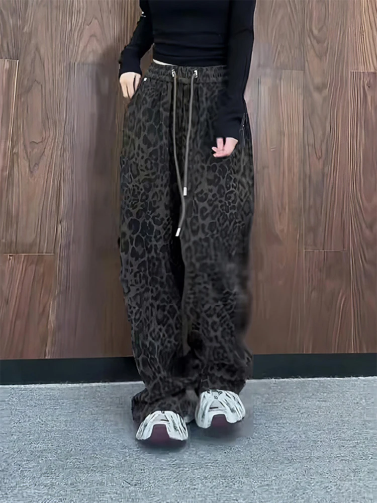 High Waist Wide Leg Pants Women's Autumn Winter New American Retro Street Style Slimming Straight Floor-Length Leopard Print