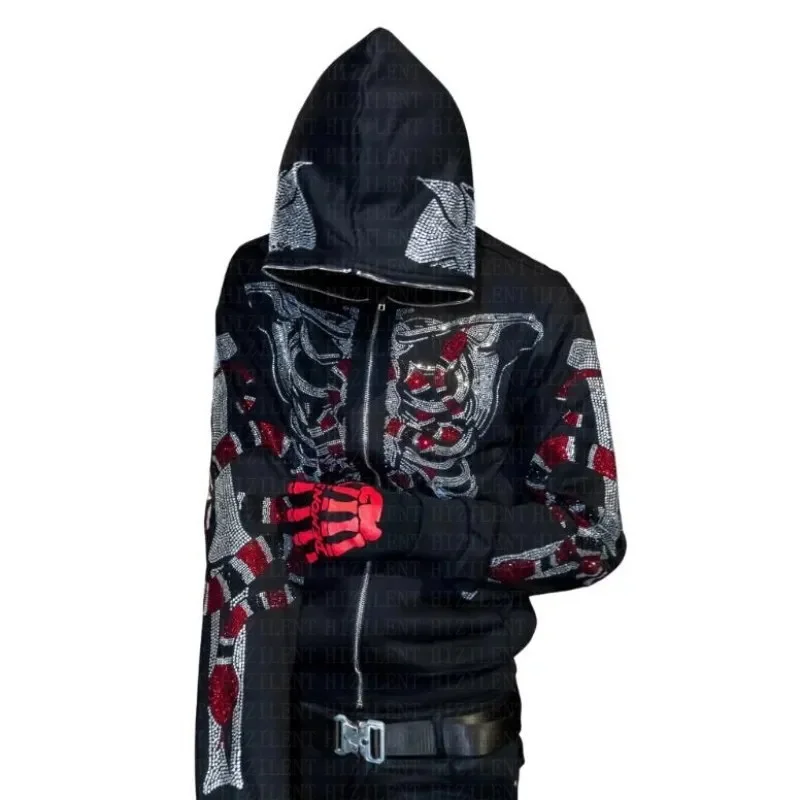 Y2K Aesthetic Rhinestone Skeleton Hoodies Women Gothic Black Zip Up Sweatshirts Female Retro Harajuku Hooded Jacket Streetwear