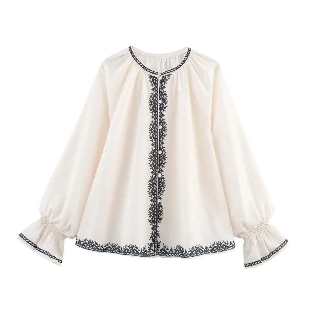 

UNIZERA Women's Color Printed Shirt Spring Round Neck Buckle Decoration Spring/Summer New Product Casual Women's Wear