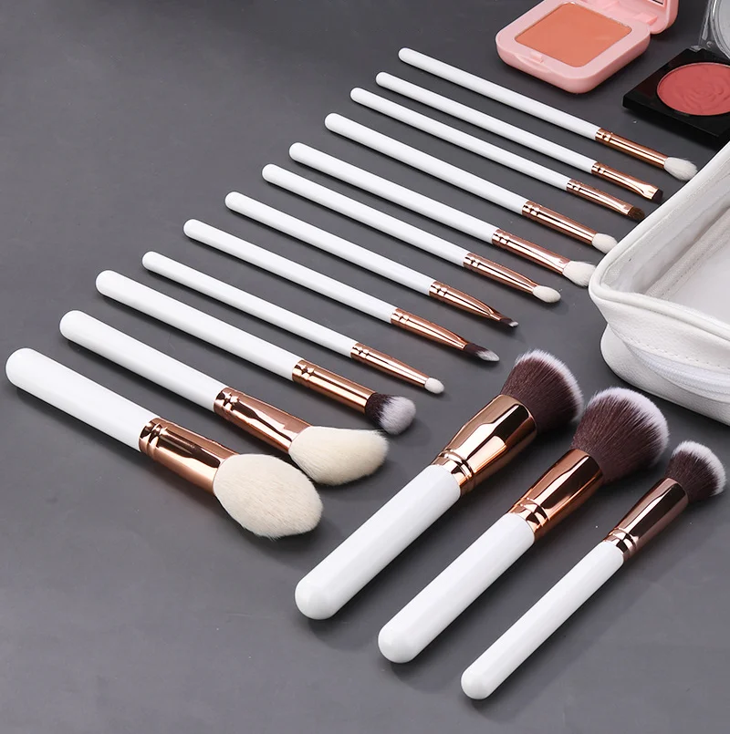 15 Pcs Premium White Wooden Makeup Brushes Set - Natural Goat Hair Eyeshadow & Powder Brush Professional Cosmetic Tools