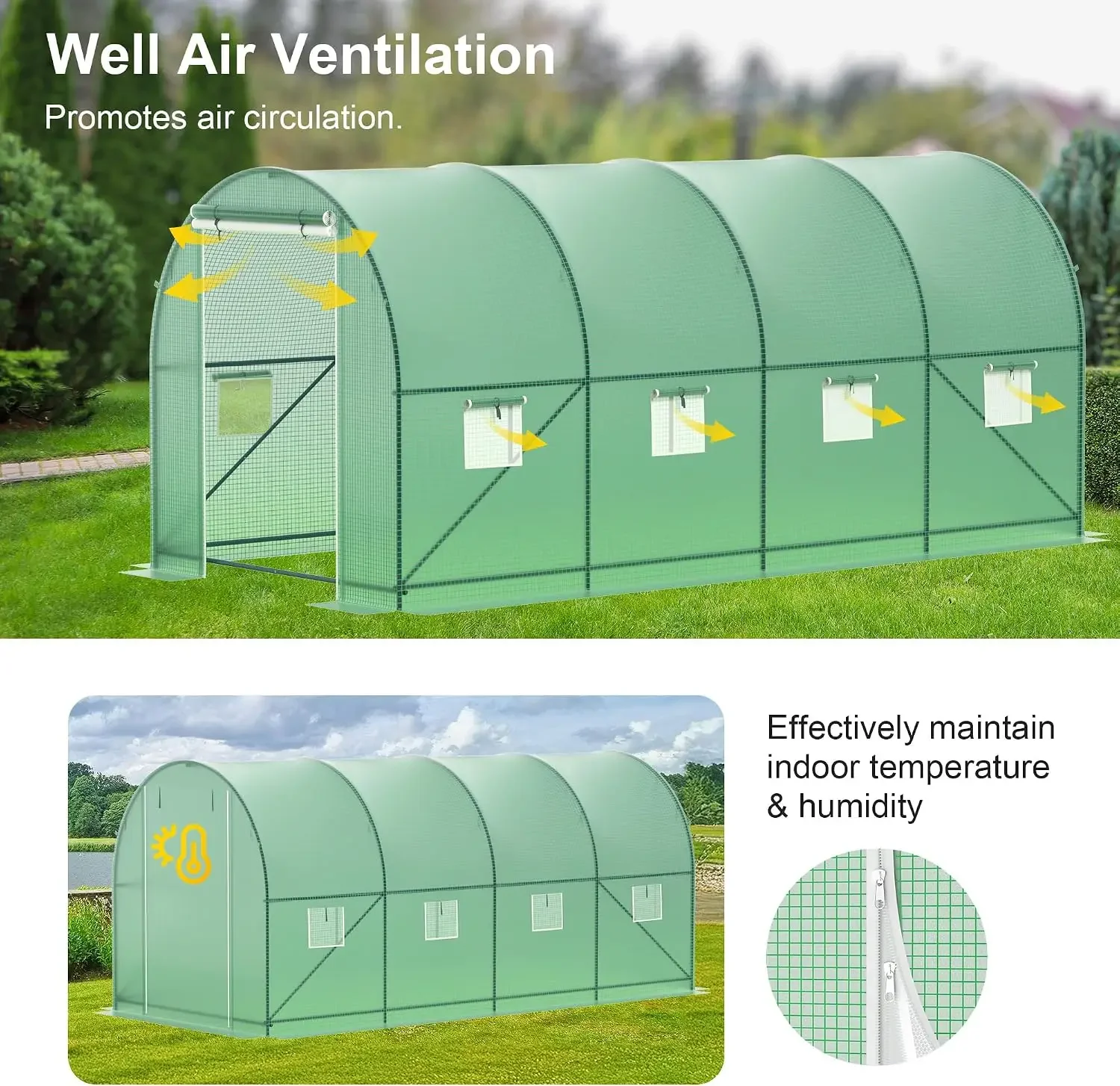 Greenhouse, 15'x7'x7' Walk-in Greenhouse w/8 Windows | Heavy Duty Tunnel Green House w/ Zippered Roll-up Door, Large Plant