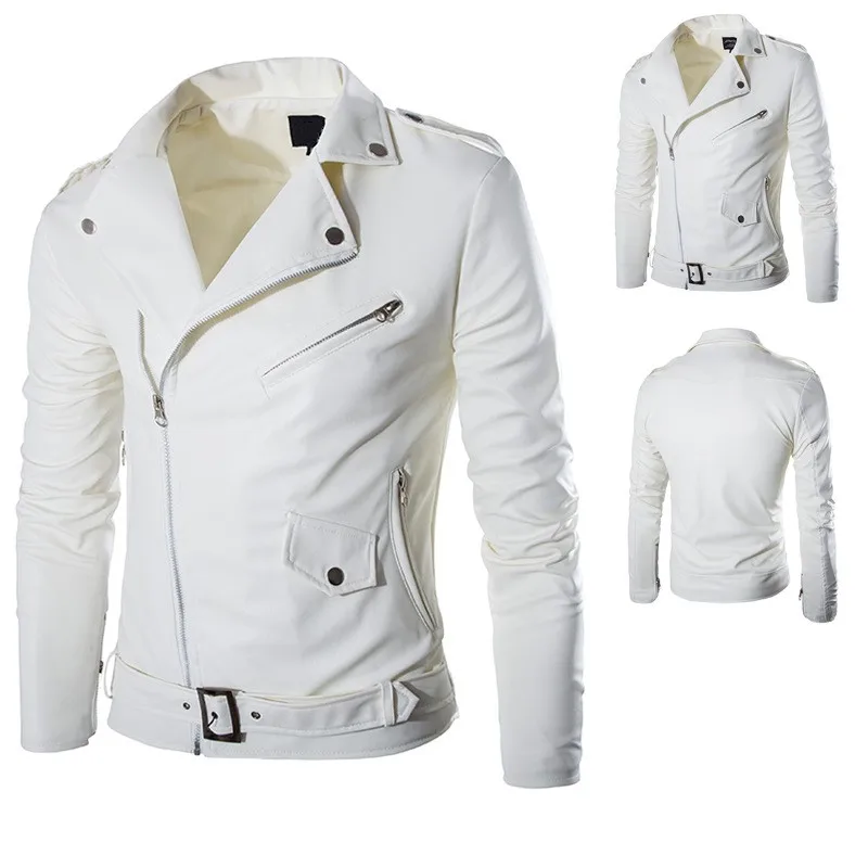 Men's synthetic leather jacket, lapel blazer, diagonal zipper, black and white, new 2024