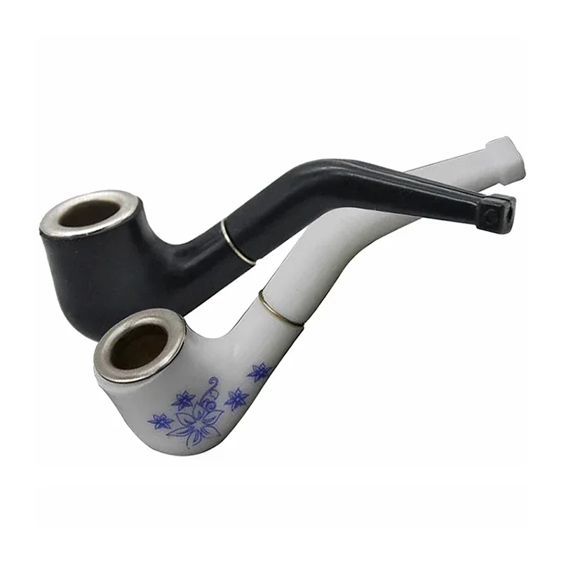 Handheld Mini Tobacco Pipe Retro Blue White Pattern Smoking Pipe Resin Bent Pipe Cigarette Holder Filter For Beginner Smoke Tool