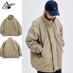 Casaco vintage de algodão carga para homens e mulheres, Harajuku, cor sólida, gola alta, parka, rua, solto, casual, inverno