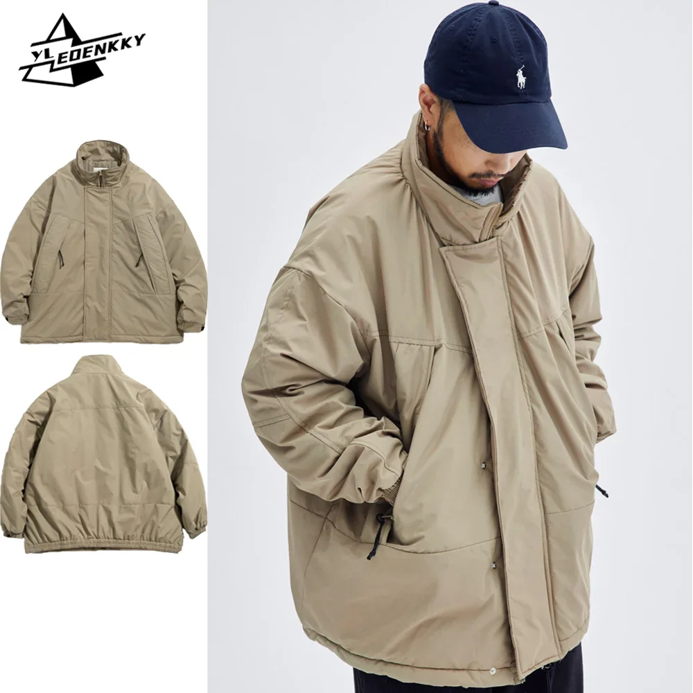 Vintage Cargo Cotton Coat Men Women Harajuku Solid Color Stand-up Collar Parka Street Winter Loose Cotton Jacket Casual Unisex