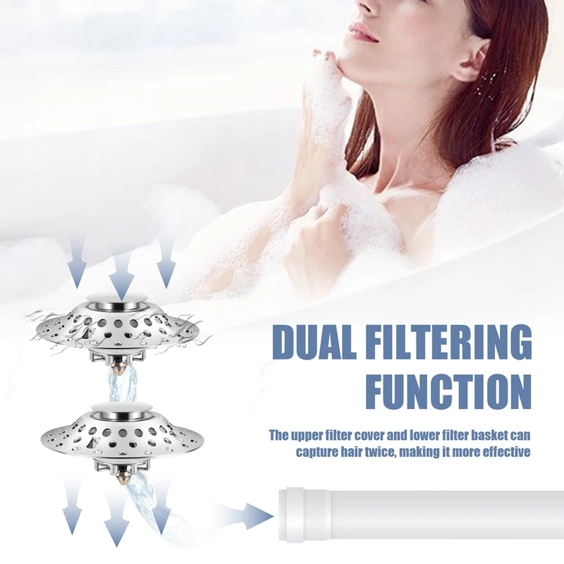 TKOH-2 In 1 Bathtub Stopper With Drain Hair Catcher, Anti-Clogging Tub Stopper With Dual Filtration, For 1.4-2.0In Drain Hole