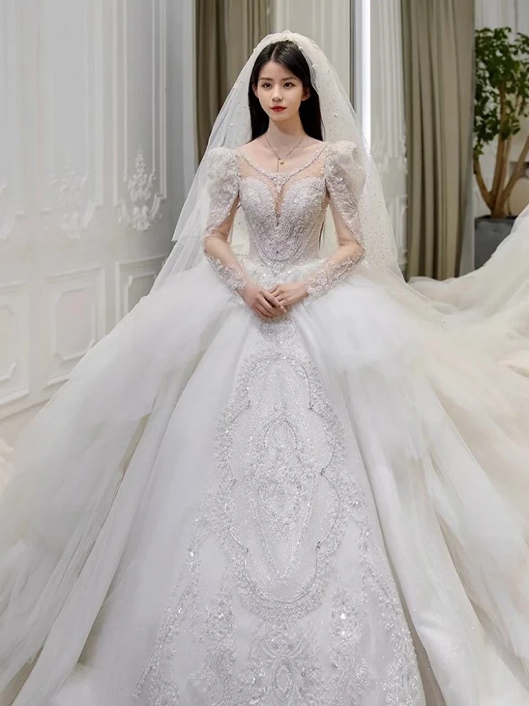 

Elegant Wedding Dresses Long Sleeved Ruffle Pearl Sequined Shiny Embroidery Beading O Neck Trailing Women Bridal Gowns 2024