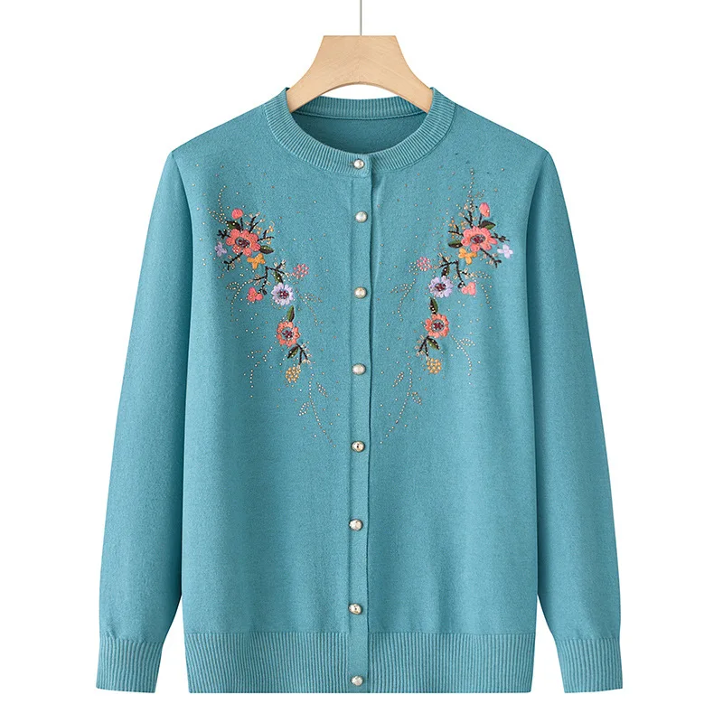 Middle-aged And Elderly Women\'s Embroidery Knit Cardigan Jacket Single-breasted Slim Sweater Coat Thin Spring Grandma Clothing