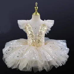 Vestido de tutú de ballet blanco con lentejuelas para niños pequeños, trajes de baile de Jazz para niñas, trajes de tutú de bailarinas, ropa de baile de salón para niños