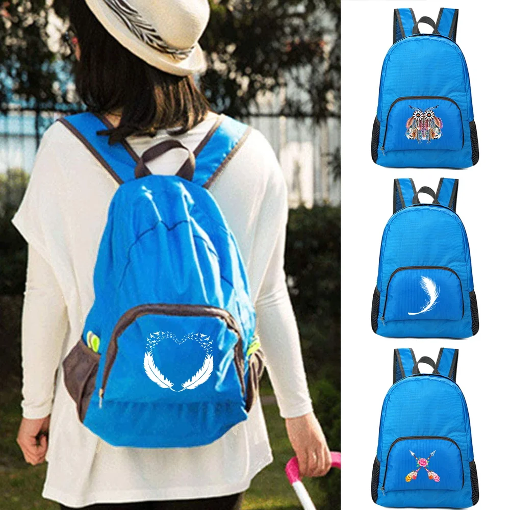 

Backpacks Women Travel Ultralight Foldable Daypack Portable Hiking Sports Outdoor Pack Feather Print Camping Storage Backpack