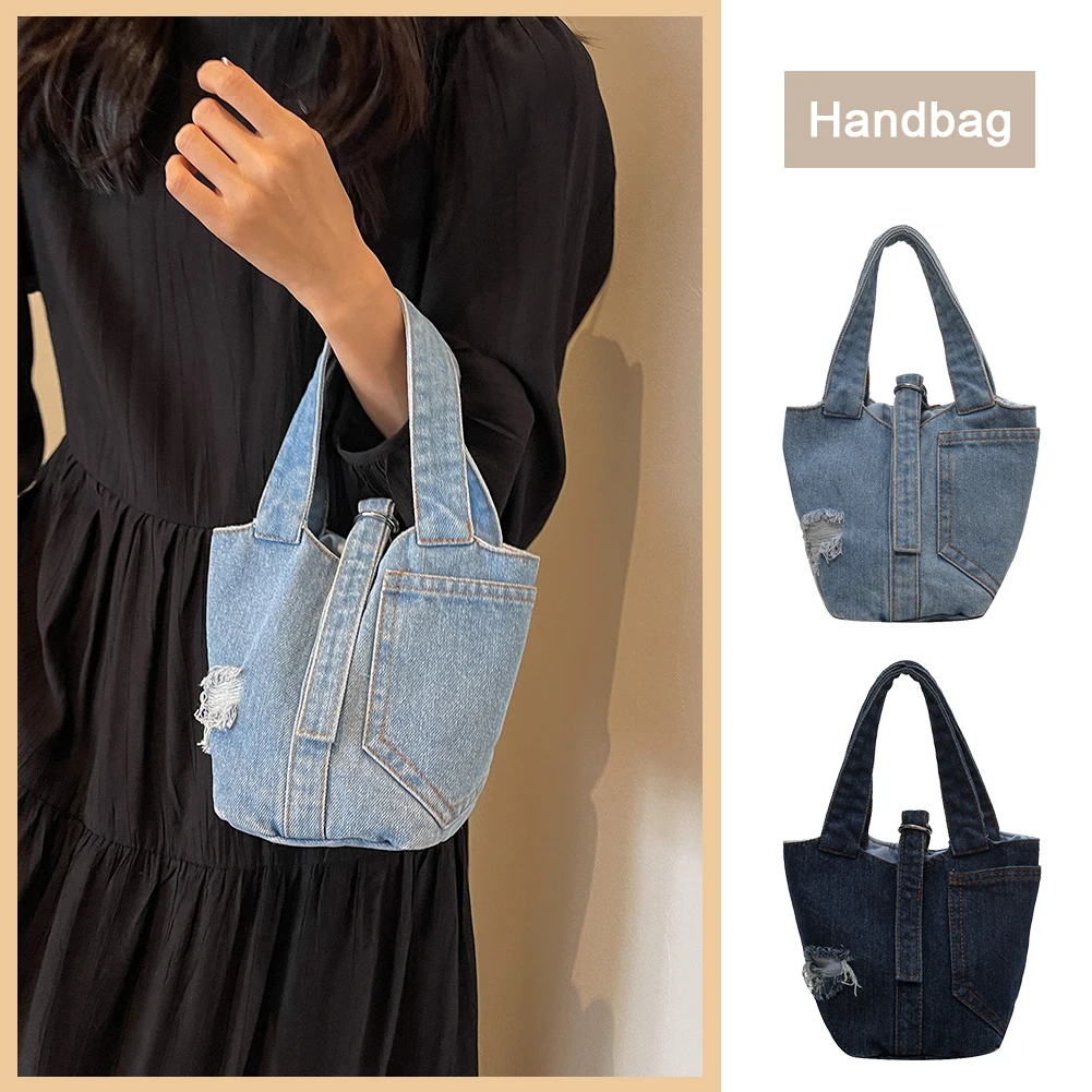 damska torba typu Bucket Vintage Denim Street Handbag Solid Color Handle Handbag Casual Shoulder Bag for Date Party Shopping for Women