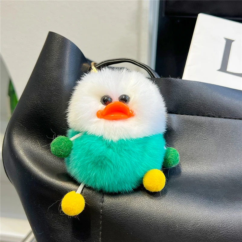 Cute Yellow Duck Toy Real Fur Keychain Rex Rabbit Plush Ball Women Handbag Ornaments Car Keyring Metal Ring Mobile Phone Pendant