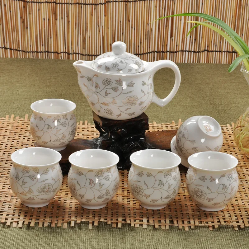 Jingdezhen 7Pcs Tea Set Blue and White Porcelain Double Wall Cup Creative Flower Dragon Moutain Teapot Kung fu tea set Teaware