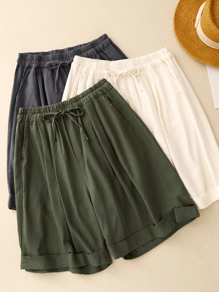 Artístico cor pura simples algodão linho perna larga ort calças femininas verão solto versátil casual algodão com punho calças de cinco quartos