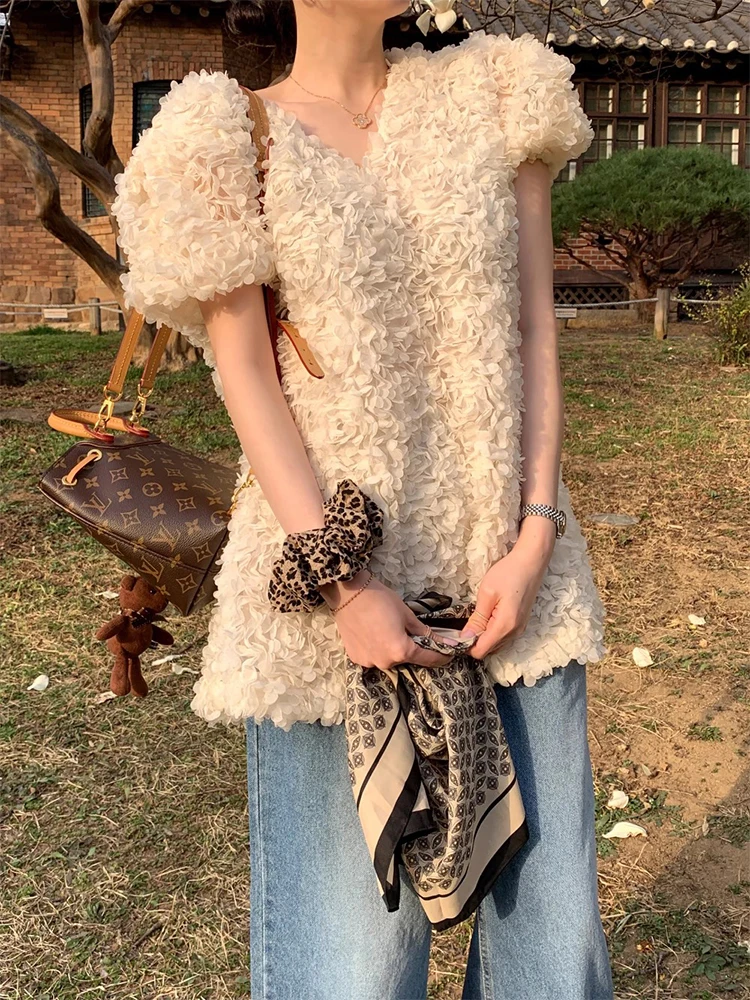 Liangliang nom dame Sle t-shirt dimensionnel pétale bulle Sve Dr femmes été nouveau rétro Faionable couches ort jupe