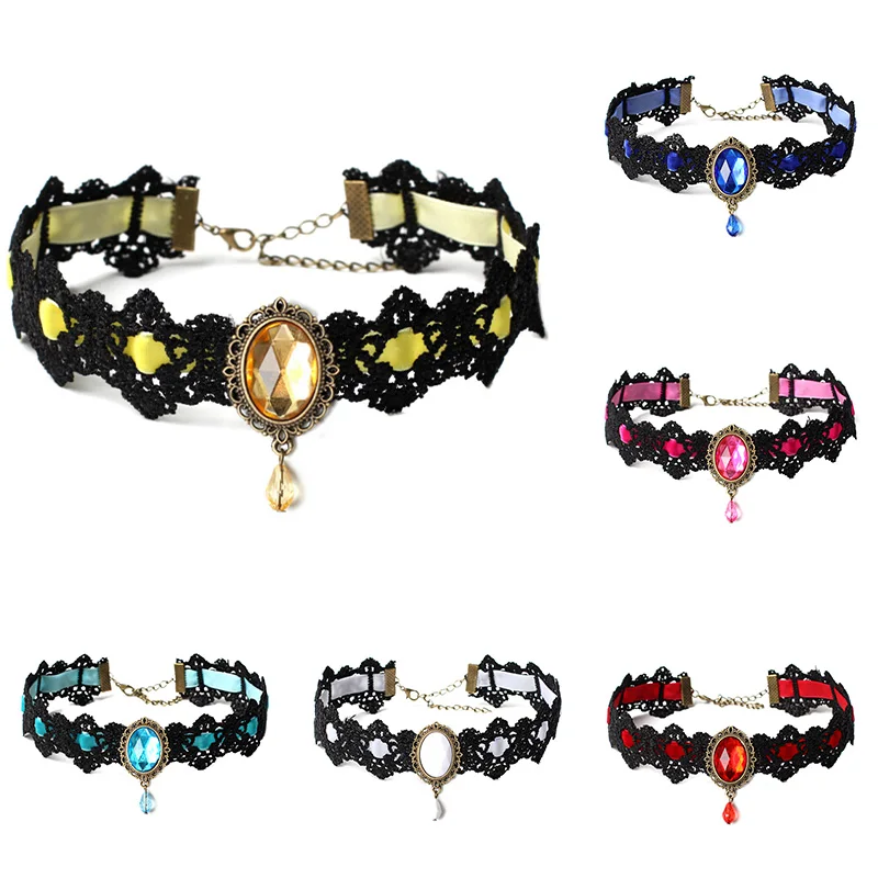 Gothic Bohemia Lace  Tattoo Choker Necklace Women Vintage Black Red Blue Crystal Necklaces Gothic Punk Collar Choker Jewelry