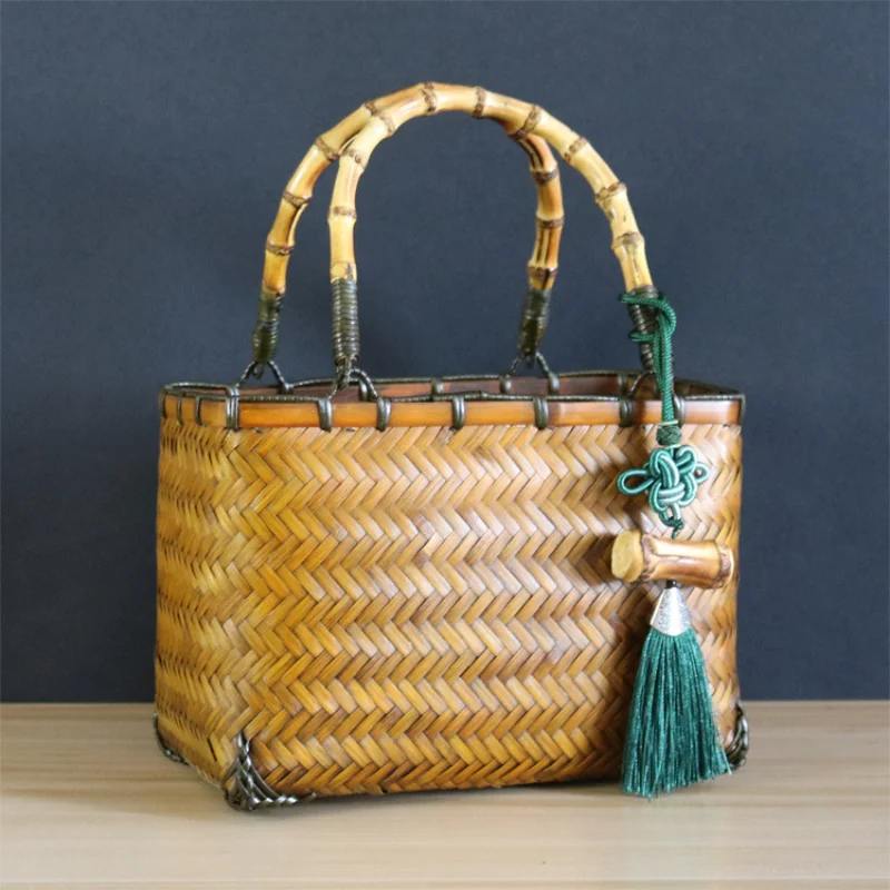 

Bamboo women's woven handbag with pendant yellow square bag with Chinese style pure handmade bamboo weaving