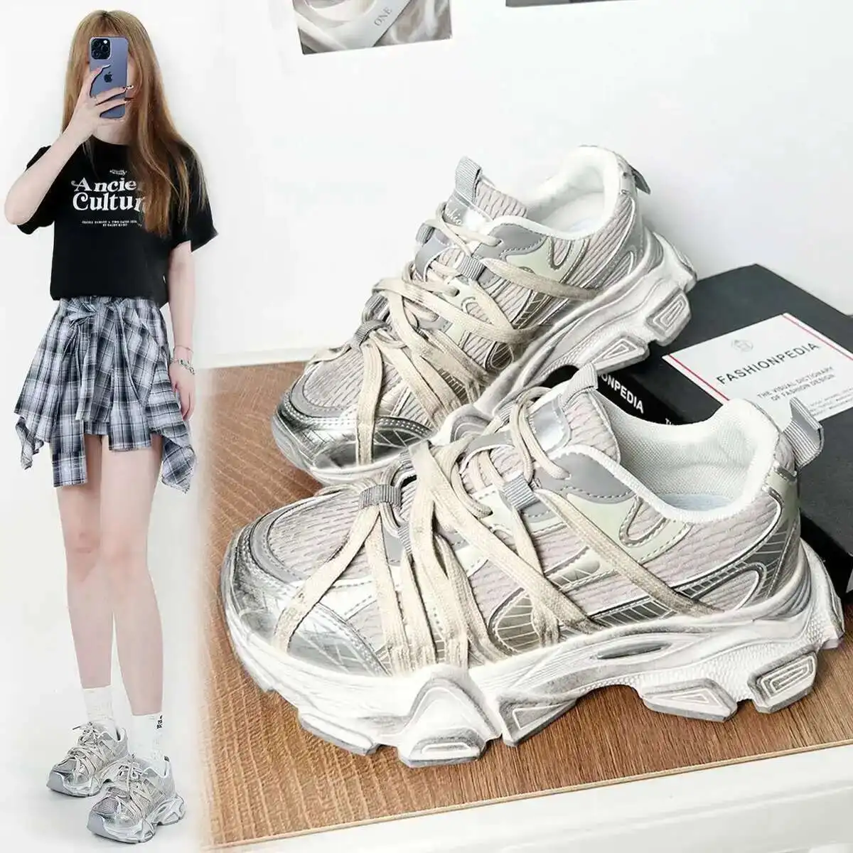 

Platform Height Increasing Women's Walking Shoes Thick Sole 2025 New Mesh Breathable Fashion Versatile Casual Sports Shoes