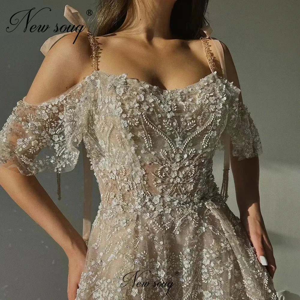 Arabic Elegant Sexy Spaghetti Straps Evening Dresses Full Beaded Appliques Prom Dress Custom Made Dubai A Line Celebrity Dress