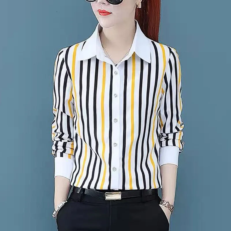 Vintage Striped Printed Business Casual Office Lady Button Up Shirt Spring Summer New Fashion Lapel Slim Blouse Top Women Blusas