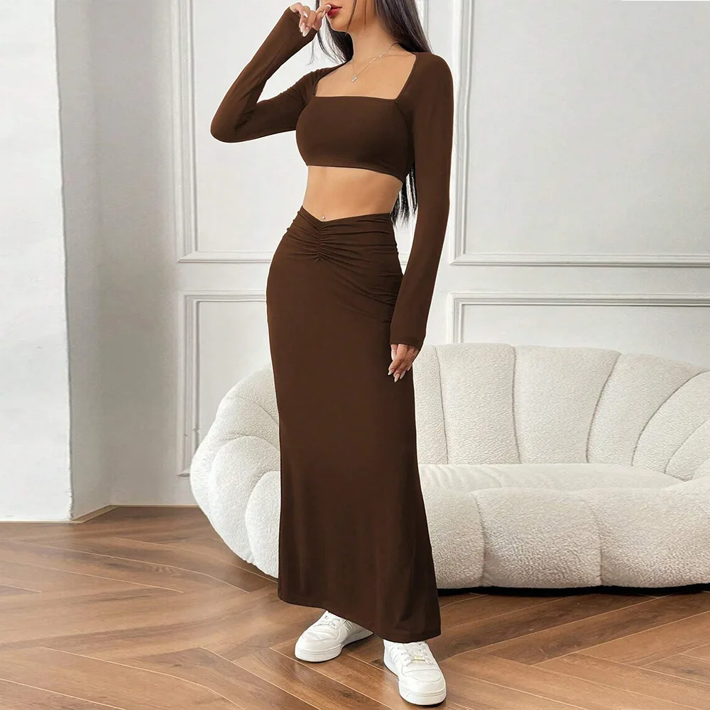 Automne hiver élégant à manches courtes haut jupe ensemble pour les femmes décontracté col carré à manches longues haut cheville longueur jupe deux pièces ensemble