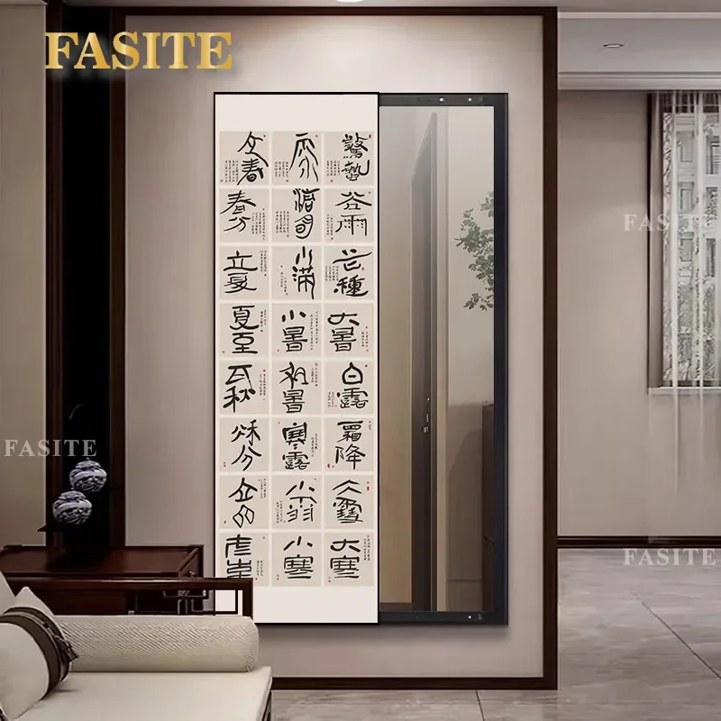 For New Chinese Style Hidden Full Length Mirror 24 Solar Terms Calligraphy Painting Push Pull Wall Mounted Bedroom Entrance