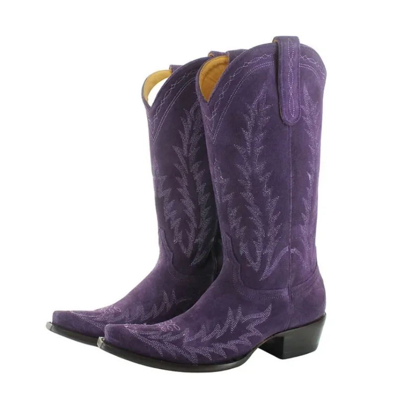 Embroidery Flowers Pointed Toe PU Leathe Mid-Calf Women Western Boot Chunky Middle Heels Slip On Design Large Size Cowboy Shoes