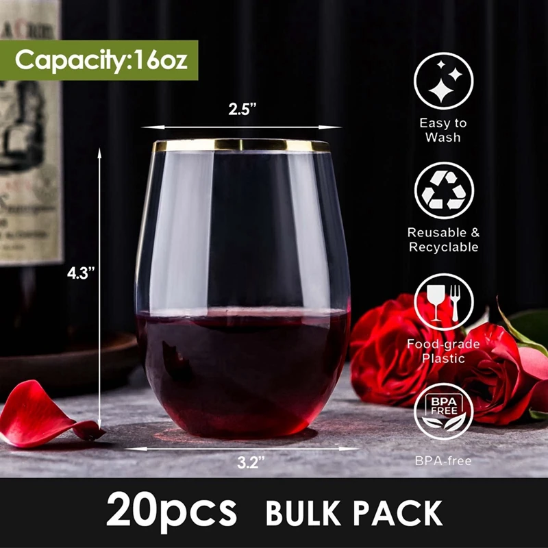 Disposable Stemless Wine Glasses, Plastic Wine Cups, Whiskey Cocktail Glasses, Clear Drinking Glasses for-A22U