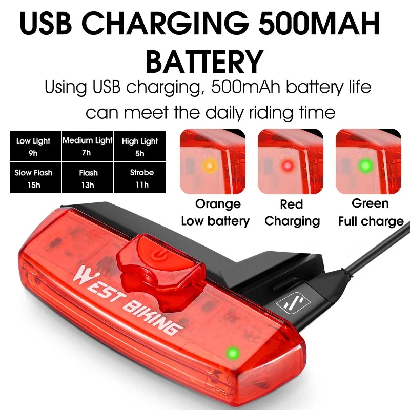 WEST BIKING Smart Bike Tail Light 100LM COB LED 7-Modes USB Rechargeable Waterproof Auto Brake Sensing Cycling Safety Rear Light