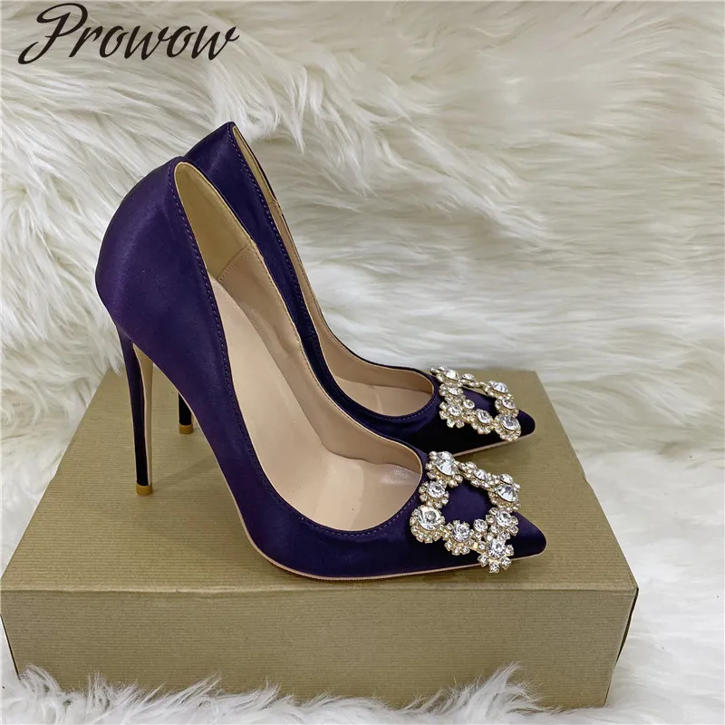 

Crystal square buckle high heels 12CM pointed thin heel shallow mouth women Pumps shoes red wedding shoes