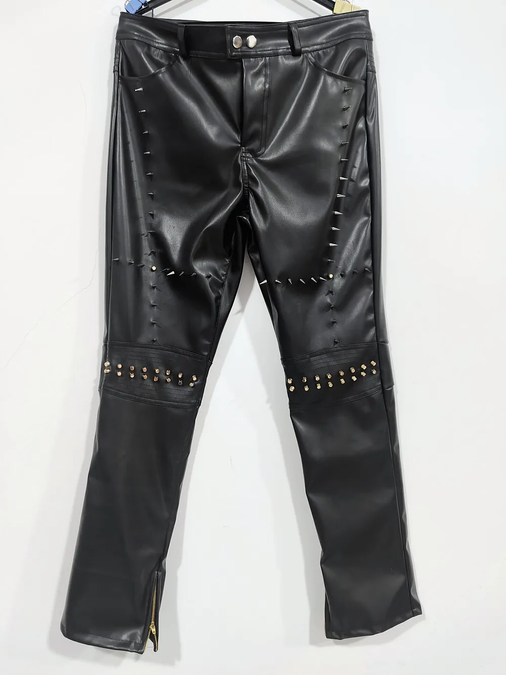 Super Star Stage Costume Silvery Rivet Slim PU Leather Pants Tide Fashion Leather Trousers Bar Jazz Hip-Hop Rock Stage Costumes