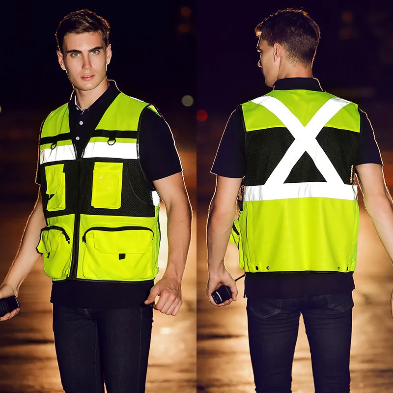 Chaleco de seguridad reflectante de alta visibilidad, ropa de trabajo con cremallera, red de pesca, multibolsillo, construcción de tráfico, ropa de