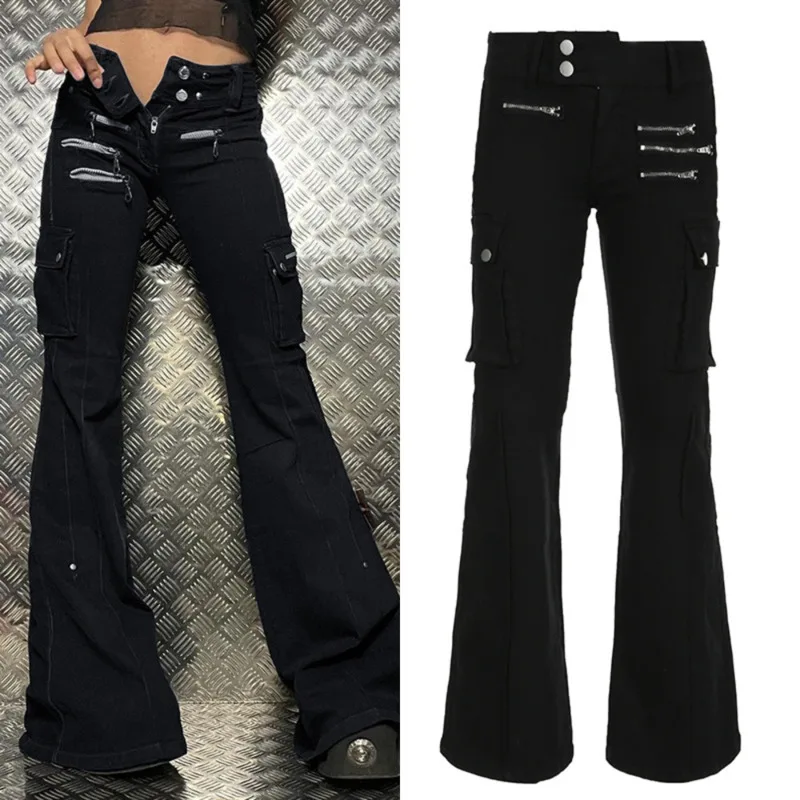 Dark Jeans Punk Girl America Retro Street Fashion Personality Zipper Pocket Metal Contrasting Cotton Micro Flared Low Rise Jeans