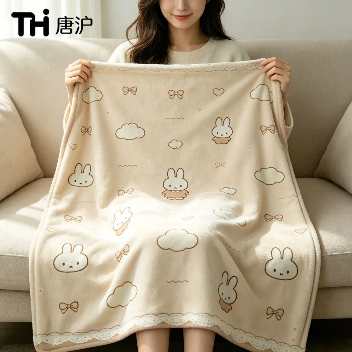 Miffy Flannel Soft Lightweight Air Conditioning Cover Blanket Warm Nap Mat Fit Office Dorm Cartoon Bedding Decorative Bed Cover