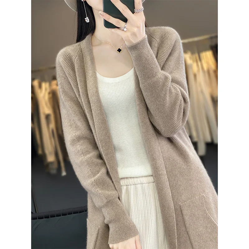 Pure Cashmere Cardigan Jacket Women\'s Medium Length Thickened Pocket Scarf Collar Versatile Wool Knit Outer Layer Sweater