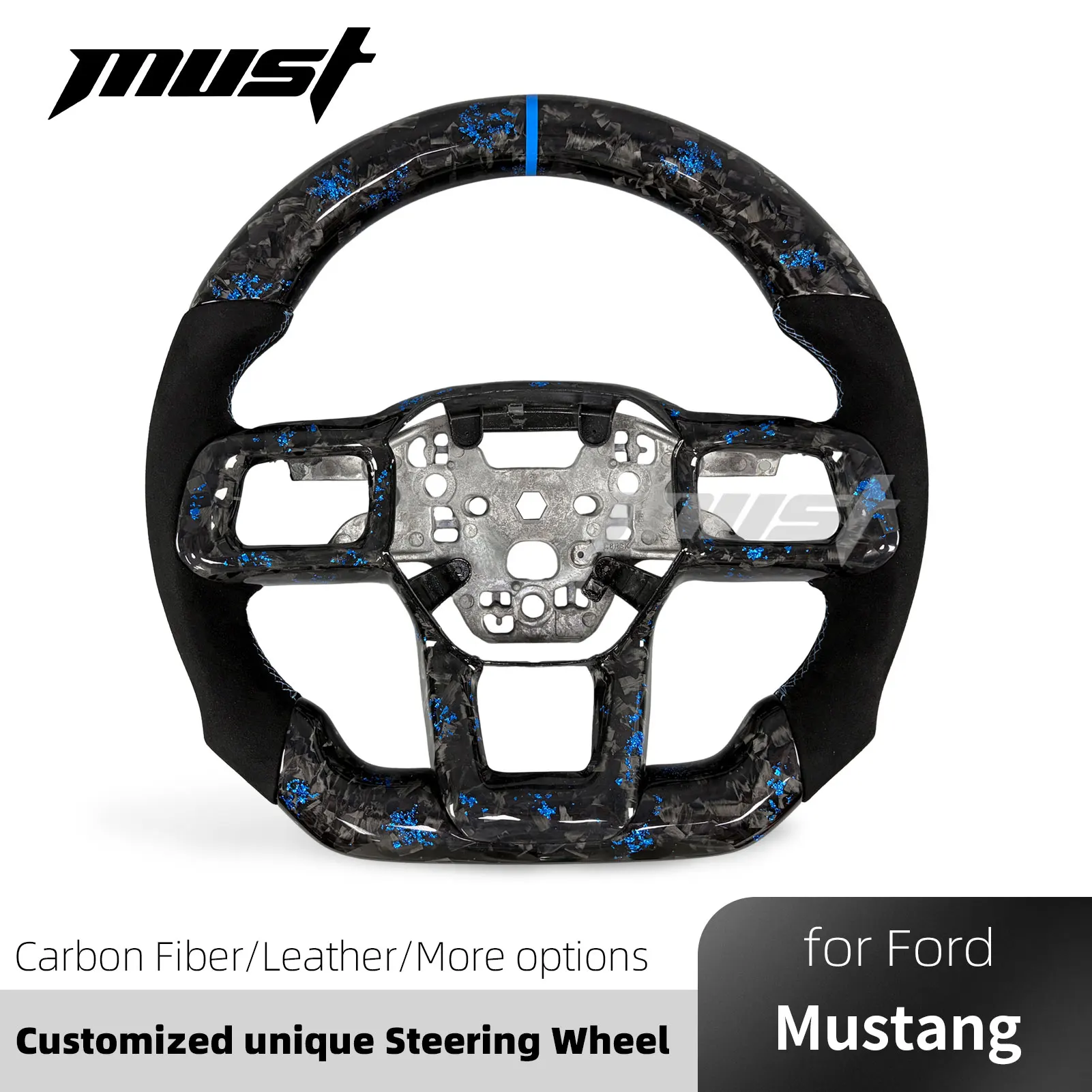 For Ford Mustang 7th Generation S650 Dark Horse GT GTD Shelby Coupe 2024-2026 Customized Blue Forged Carbon Fiber Steering Wheel